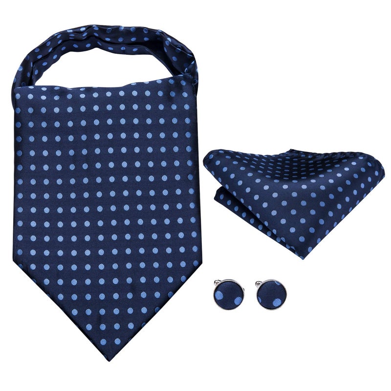 Dubulle Navy Blue Dots Ascot for Men Self Tie Mens Cravat and Pocket Square Cufflinks Wedding - Image 3